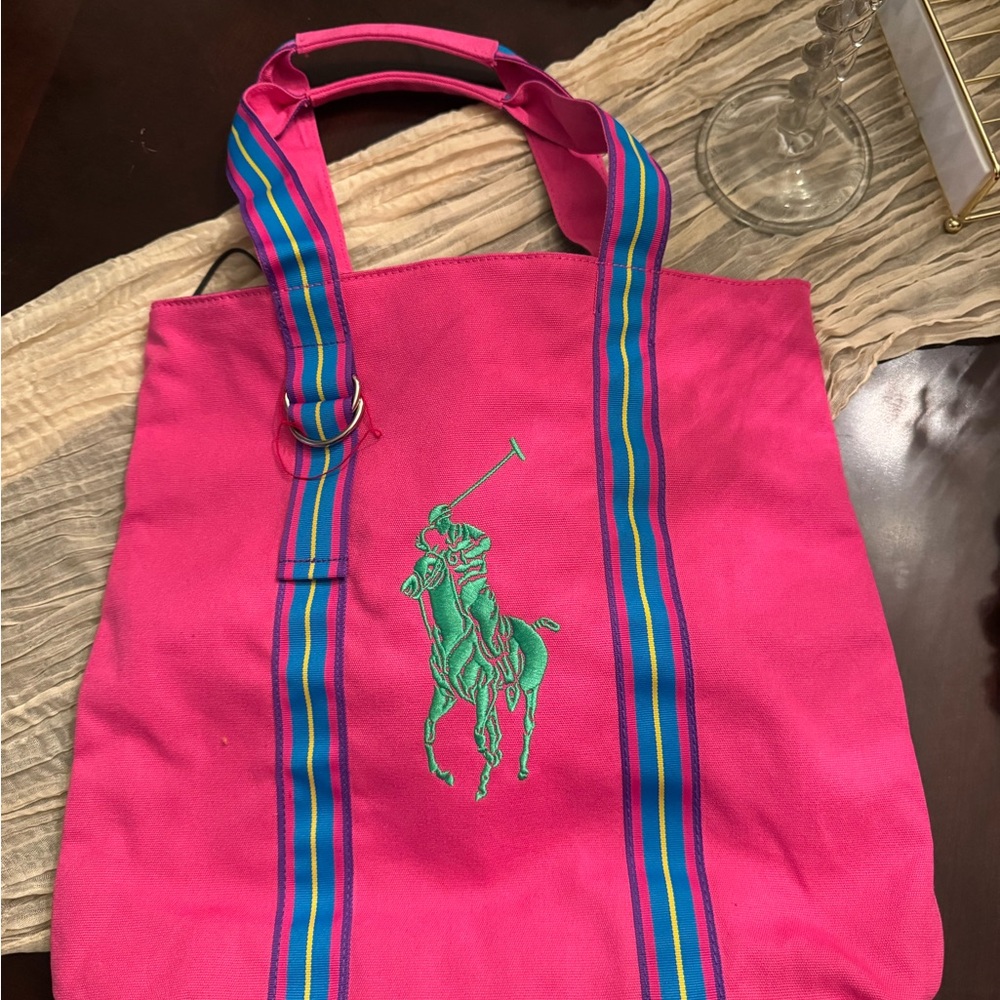 Pink Tote Bag with Green Polo Logo - Picture 3 of 6